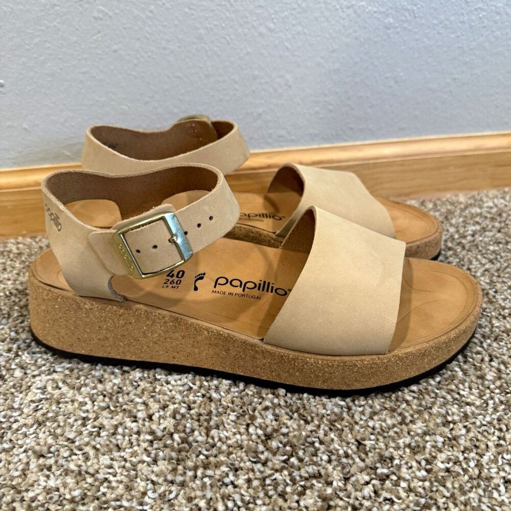 Papillio Beige Leather Strappy Wedge Sandals Cork Insole Women’s US 9 EU 40